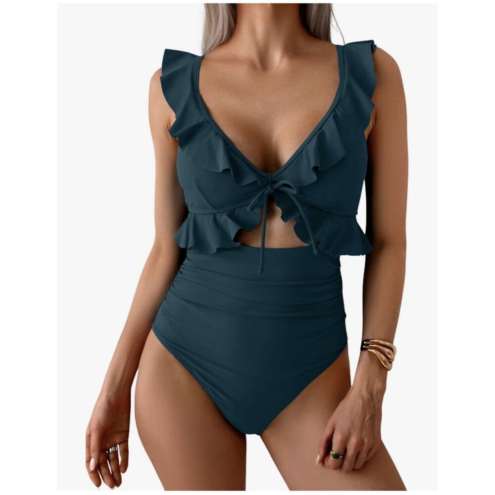 NWT Peacock Green Women’s Tummy Control One Piece Swimsuit Cut out Ruffle Sz L